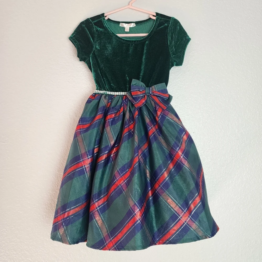 Tahari Green Plaid Taffeta Velvet Round Neck Bow Girls Dress  Size 4